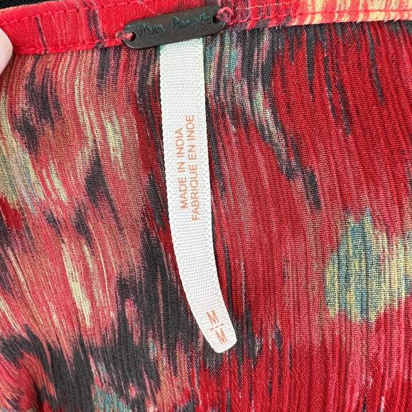 Free People Red Watercolor Print Sheer Boho Lace Trim Peasant Festival Top M - Picture 5 of 7